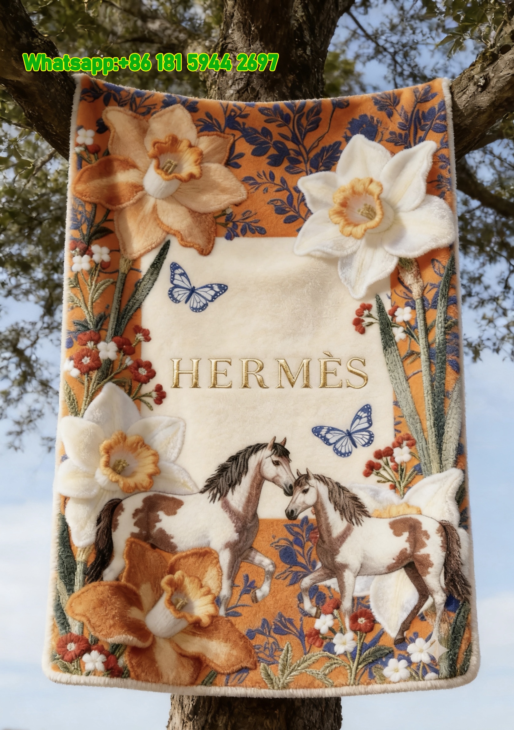 Hermès Orange Floral Embroidered Flannel Fleece Throw Blanket IMG_4972